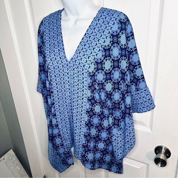 Miami Kaftan Style Mediterranean Print Top Flowy Blue M - Picture 5 of 9